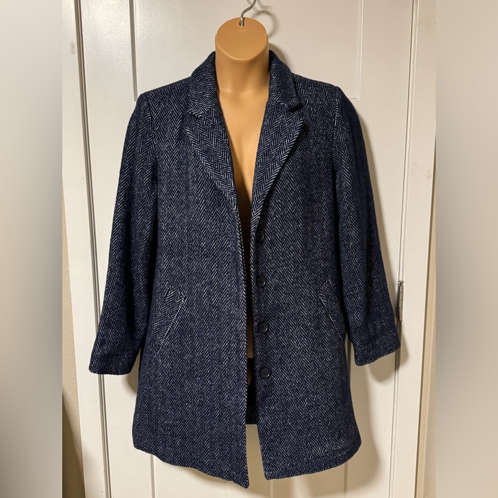 WoolOvers Women’s Dark Blue Tweed  Herringbone Button Up Coat Size 10